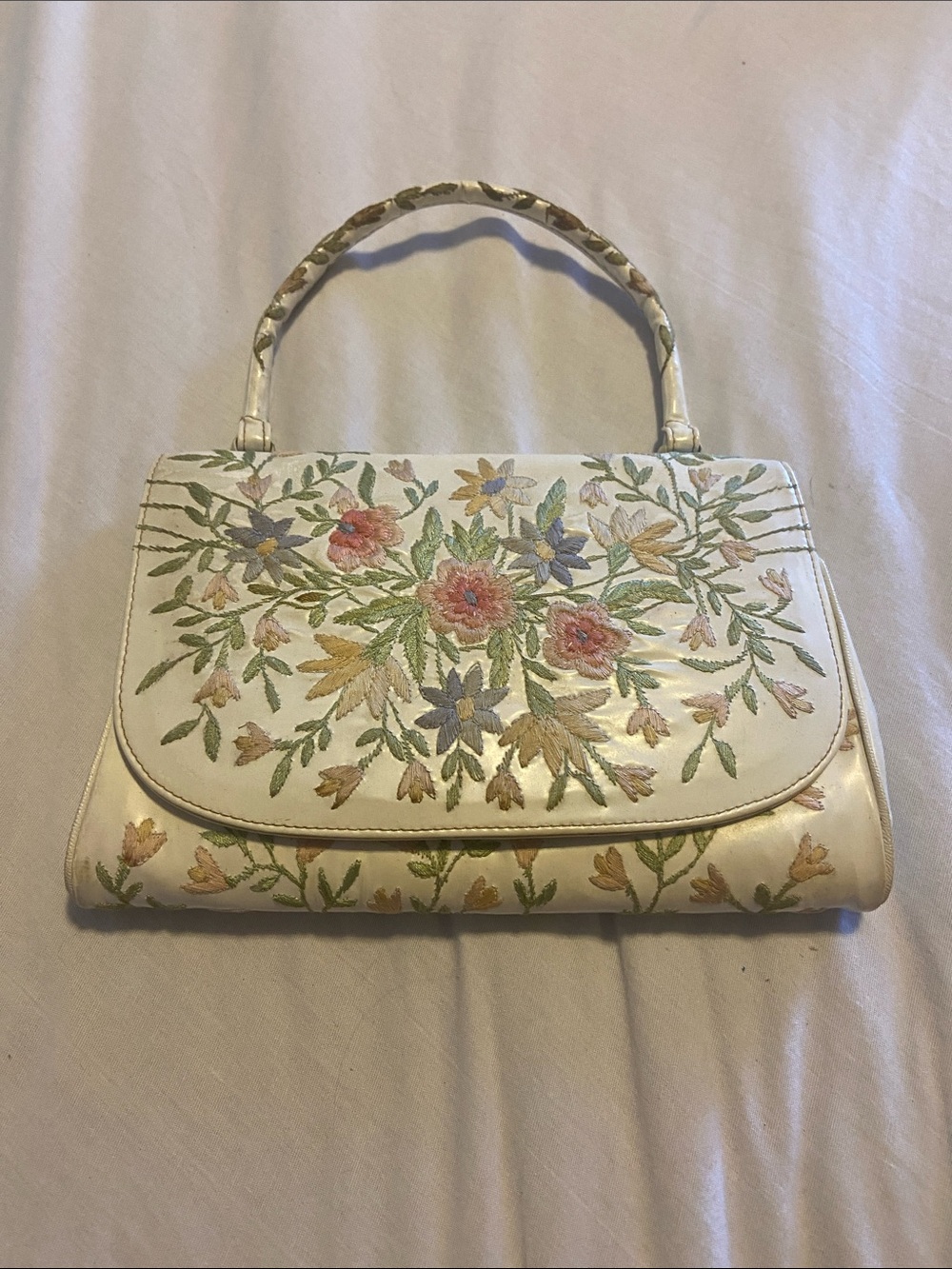 Embroidered Cream Floral Top-Handle Clutch Vintage Marketa
